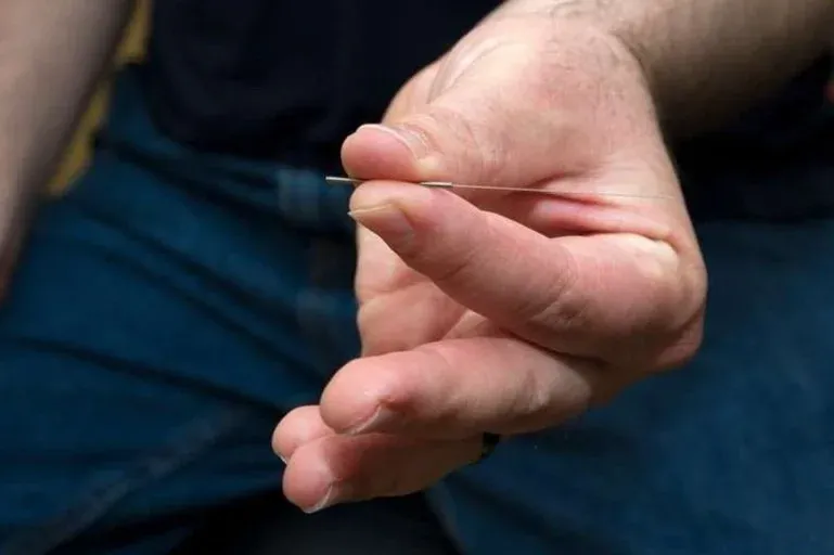 example of a traditional acupuncture needle held in a hand