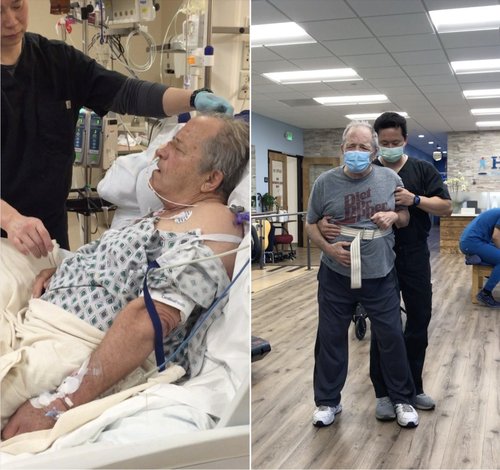 Side-by-side photos showing patient progress from hospital bed to walking with therapist support